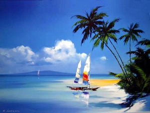 Hawaii Beach, Seashore Painting, Sail Boat Painting, Canvas Art, Canvas Painting, Oil Painting, Wall Art, Large Painting, Canvas Painting, Canvas Art-artworkcanvas