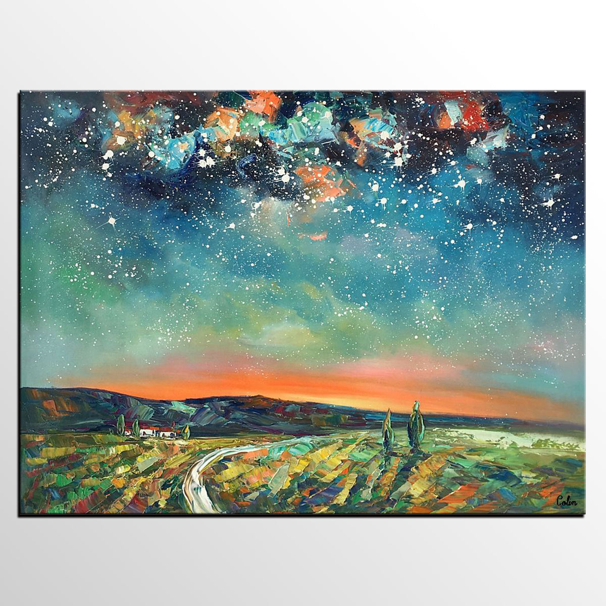 Abstract Landscape Oil Painting, Starry Night Sky Painting, Custom Large Canvas Painting, Heavy Texture Painting-artworkcanvas