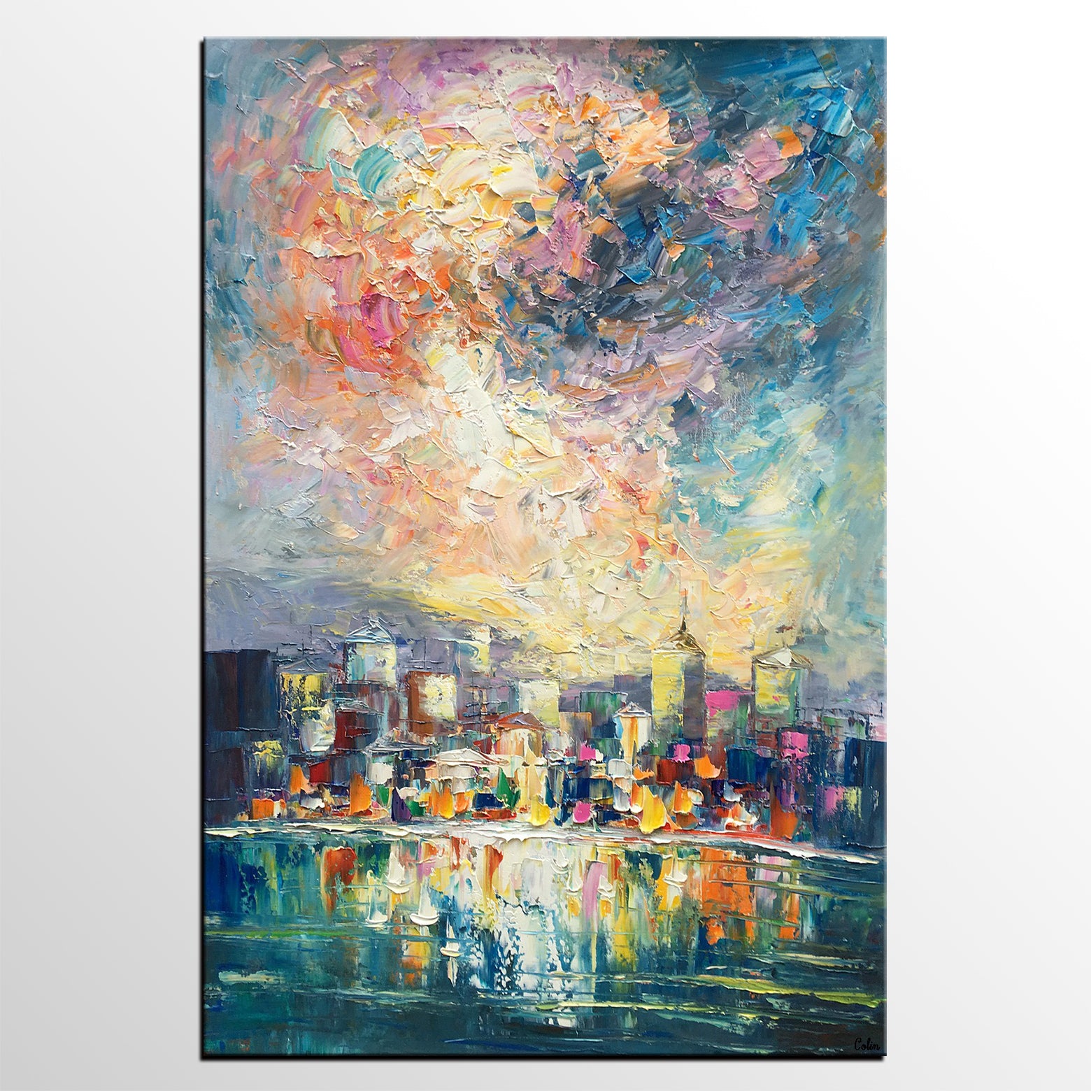 Abstract Landscape Painting, Heavy Texture Wall Art Paintings, Custom Original Paintings on Canvas, Cityscape Painting-artworkcanvas