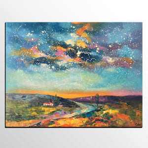 Custom Large Landscape Painting, Starry Night Sky Painting, Living Room Wall Art, Canvas Painting, Impasto Art, Oil Painting-artworkcanvas