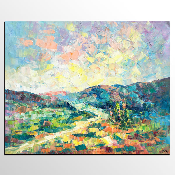 Canvas Painting, Heavy Texture Artwork, Spring Mountain Painting, Custom Landscape Oil Painting-artworkcanvas