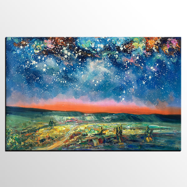 Landacape Canvas Painting, Starry Night Sky Painting, Original Landscape Painting, Heavy Texture Art Painting, Palette Knife Painting-artworkcanvas