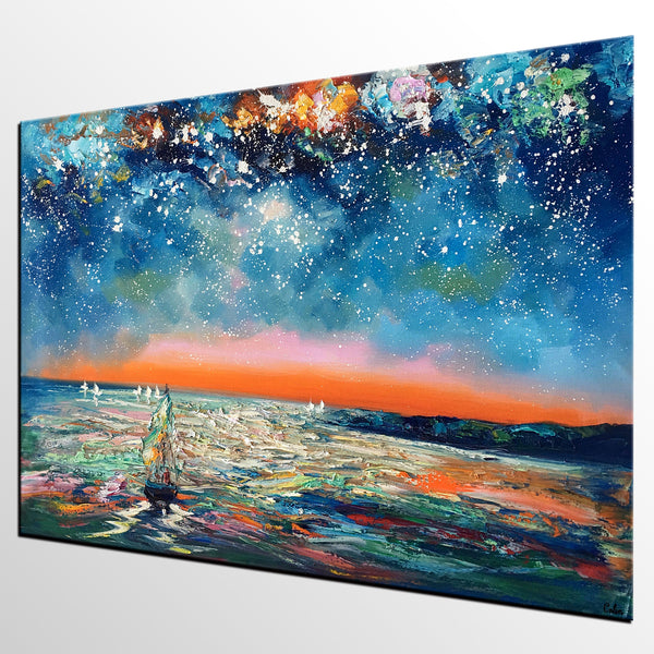 Canvas Painting Landscape, Oil Painting on Canvas, Sail Boat under Starry Night Sky Painting, Custom Art, Landscape Painting for Living Room-artworkcanvas