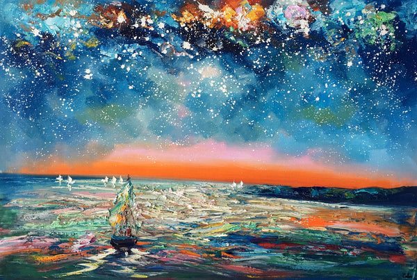 Canvas Painting Landscape, Oil Painting on Canvas, Sail Boat under Starry Night Sky Painting, Custom Art, Landscape Painting for Living Room-artworkcanvas