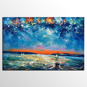 Large Canvas Art Painting, Sail Boat under Starry Night Painting, Custom Large Oil Painting-artworkcanvas