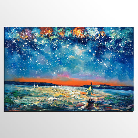 Large Canvas Art Painting, Sail Boat under Starry Night Painting, Custom Large Oil Painting-artworkcanvas