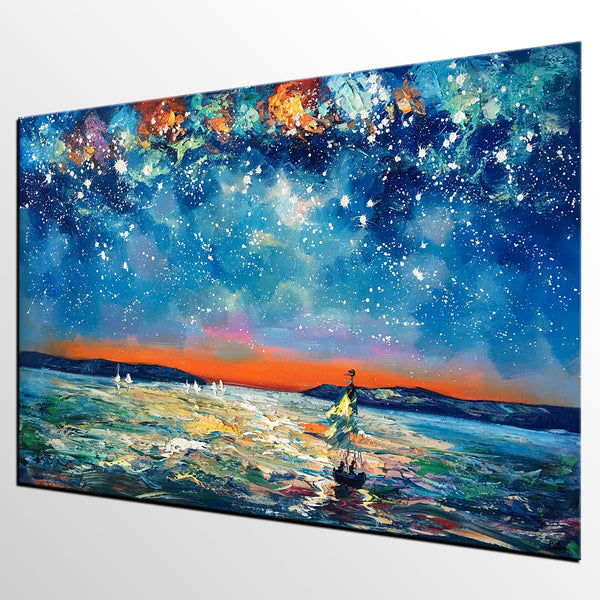 Large Canvas Art Painting, Sail Boat under Starry Night Painting, Custom Large Oil Painting-artworkcanvas