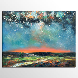 Landscape Canvas Painting, Starry Night Sky Painting, Hand Painted Canvas Art Painting, Landscape Painting for Bedroom, Custom Canvas Painting for Sale-artworkcanvas