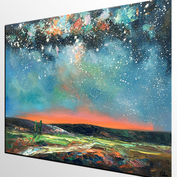 Landscape Canvas Painting, Starry Night Sky Painting, Hand Painted Canvas Art Painting, Landscape Painting for Bedroom, Custom Canvas Painting for Sale-artworkcanvas