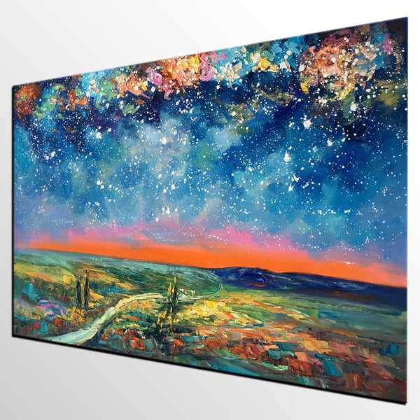 Large Canvas Art Painting, Starry Night Landscape Painting, Custom Large Oil Painting-artworkcanvas
