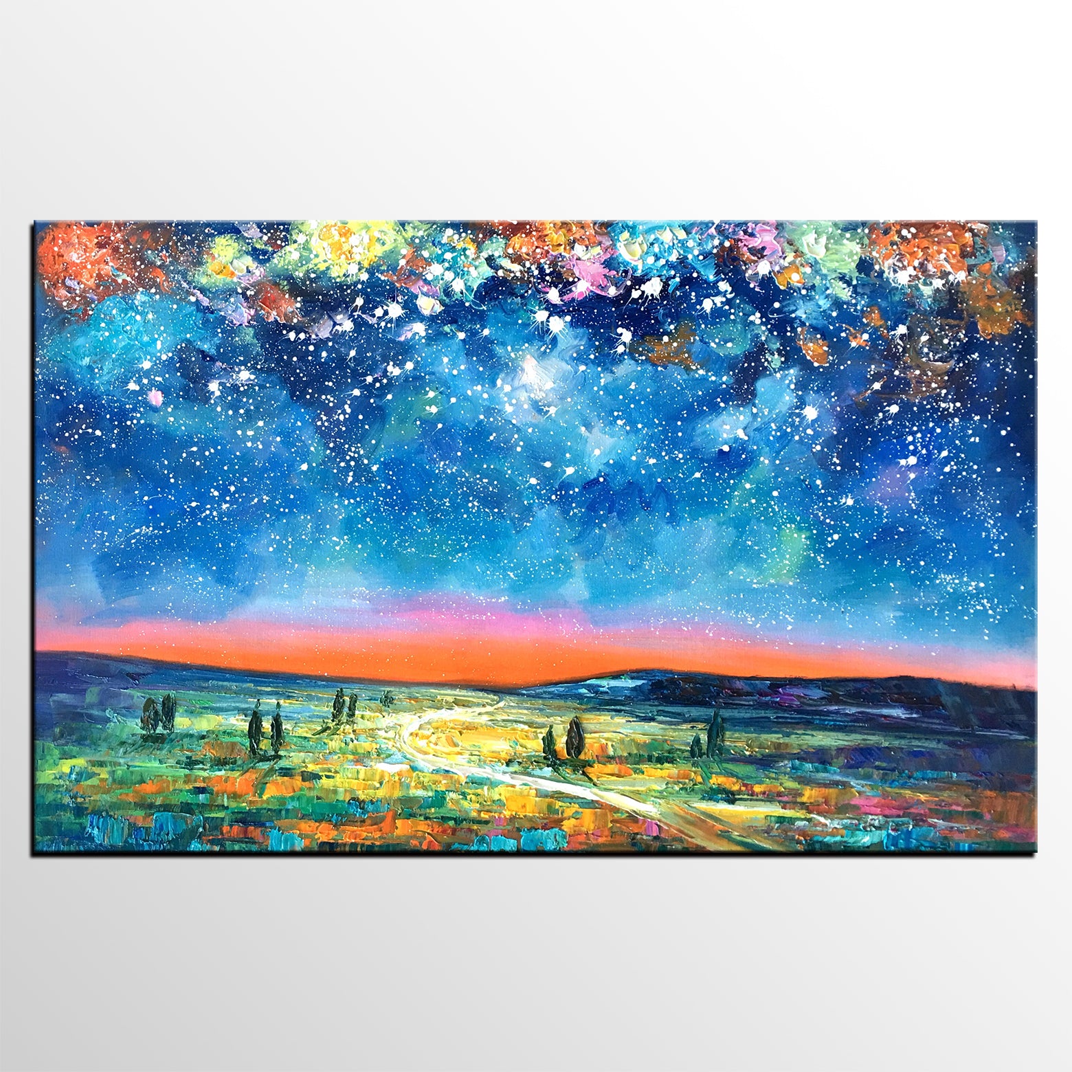 Landscape Oil Paintings, Starry Night Sky Painting, Custom Artwork, Heavy Texture Oil Painting, Landscape Painting for Living Room-artworkcanvas