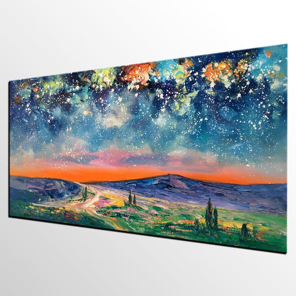 Landscape Oil Painting, Starry Night Sky Painting, Bedroom Wall Art Paintings, Custom Original Painting on Canvas-artworkcanvas