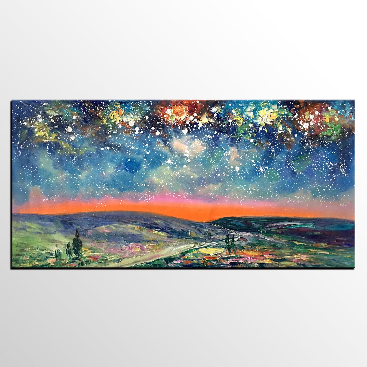Starry Night Sky Painting, Custom Extra Large Painting, Original Landscape Painting, Canvas Painting for Dining Room-artworkcanvas