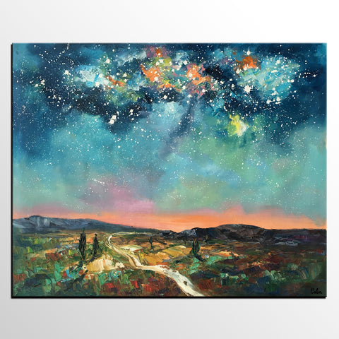 Heavy Texture Landscape Painting, Abstract Landscape Painting, Starry Night Sky, Custom Large Painting-artworkcanvas