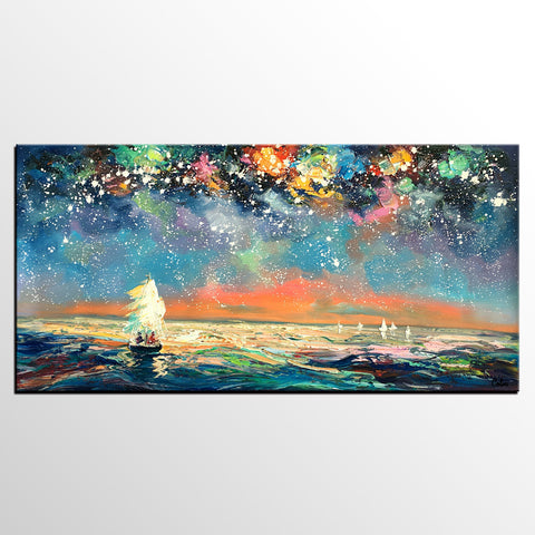 Palette Knife Painting, Impasto Painting, Starry Night Sky Painting, Landscape Canvas Painting for Dining Room, Custom Large Original Painting-artworkcanvas