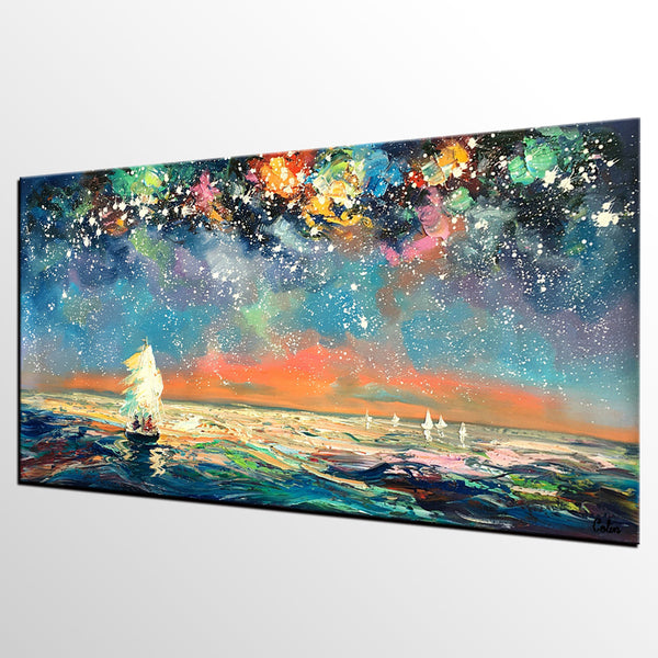 Palette Knife Painting, Impasto Painting, Starry Night Sky Painting, Landscape Canvas Painting for Dining Room, Custom Large Original Painting-artworkcanvas
