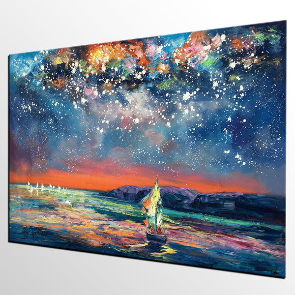 Custom Large Oil Painting, Large Canvas Art Painting, Sail Boat under Starry Night Painting-artworkcanvas