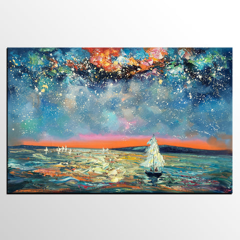 Large Canvas Art Painting, Custom Large Oil Painting, Sail Boat under Starry Night Painting-artworkcanvas