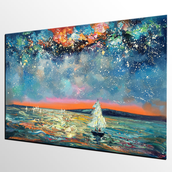 Large Canvas Art Painting, Custom Large Oil Painting, Sail Boat under Starry Night Painting-artworkcanvas