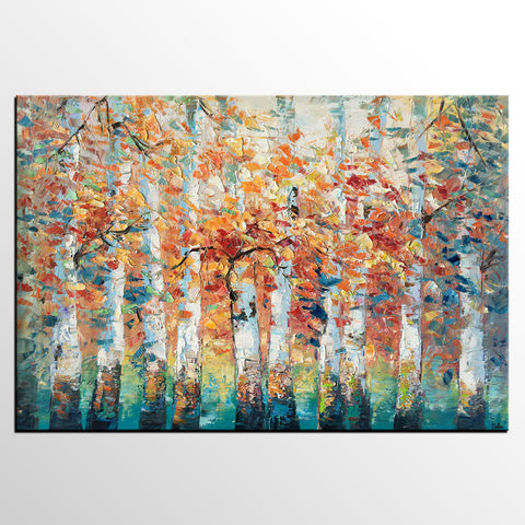 Birch Tree Landscape Painting, Custom Canvas Painting for Living Room, Heavy Texture Canvas Painting-artworkcanvas
