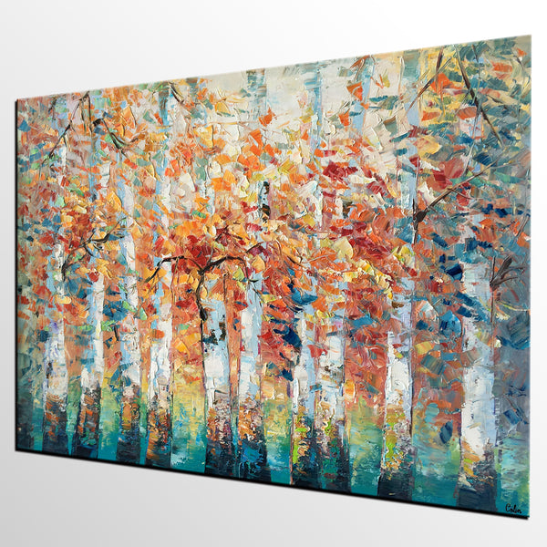 Birch Tree Landscape Painting, Custom Canvas Painting for Living Room, Heavy Texture Canvas Painting-artworkcanvas