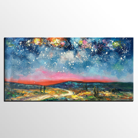 Custom Extra Large Painting, Starry Night Sky Painting, Original Landscape Painting, Canvas Painting for Dining Room-artworkcanvas