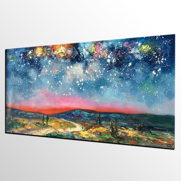 Custom Extra Large Painting, Starry Night Sky Painting, Original Landscape Painting, Canvas Painting for Dining Room-artworkcanvas