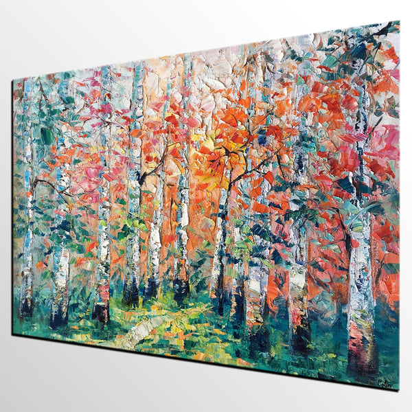 Abstract Landscape Painting, Custom Canvas Painting for Living Room, Heavy Texture Canvas Painting, Autumn Birch Tree-artworkcanvas