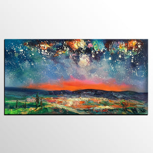 Canvas Painting for Dining Room, Custom Extra Large Painting, Starry Night Sky Painting, Original Landscape Painting-artworkcanvas