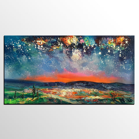 Canvas Painting for Dining Room, Custom Extra Large Painting, Starry Night Sky Painting, Original Landscape Painting-artworkcanvas