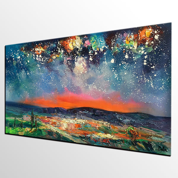 Canvas Painting for Dining Room, Custom Extra Large Painting, Starry Night Sky Painting, Original Landscape Painting-artworkcanvas