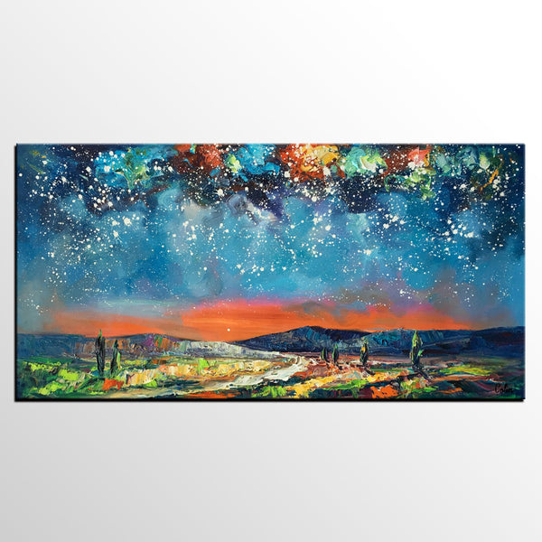 Canvas Painting for Bedroom, Starry Night Sky Painting, Custom Landscape Painting-artworkcanvas