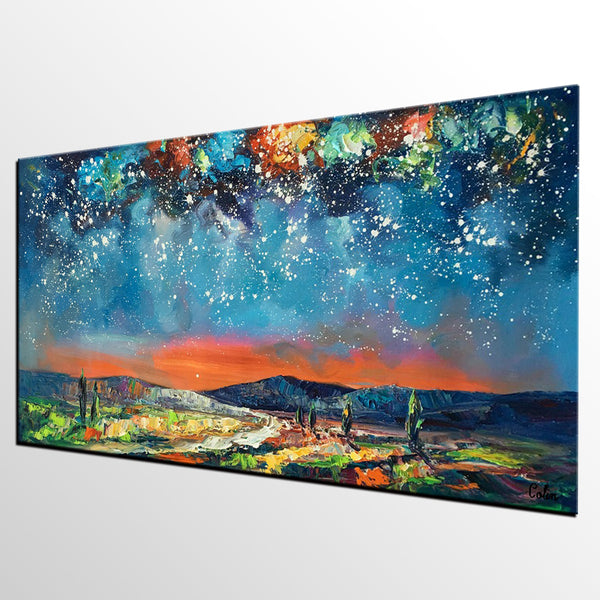 Canvas Painting for Bedroom, Starry Night Sky Painting, Custom Landscape Painting-artworkcanvas