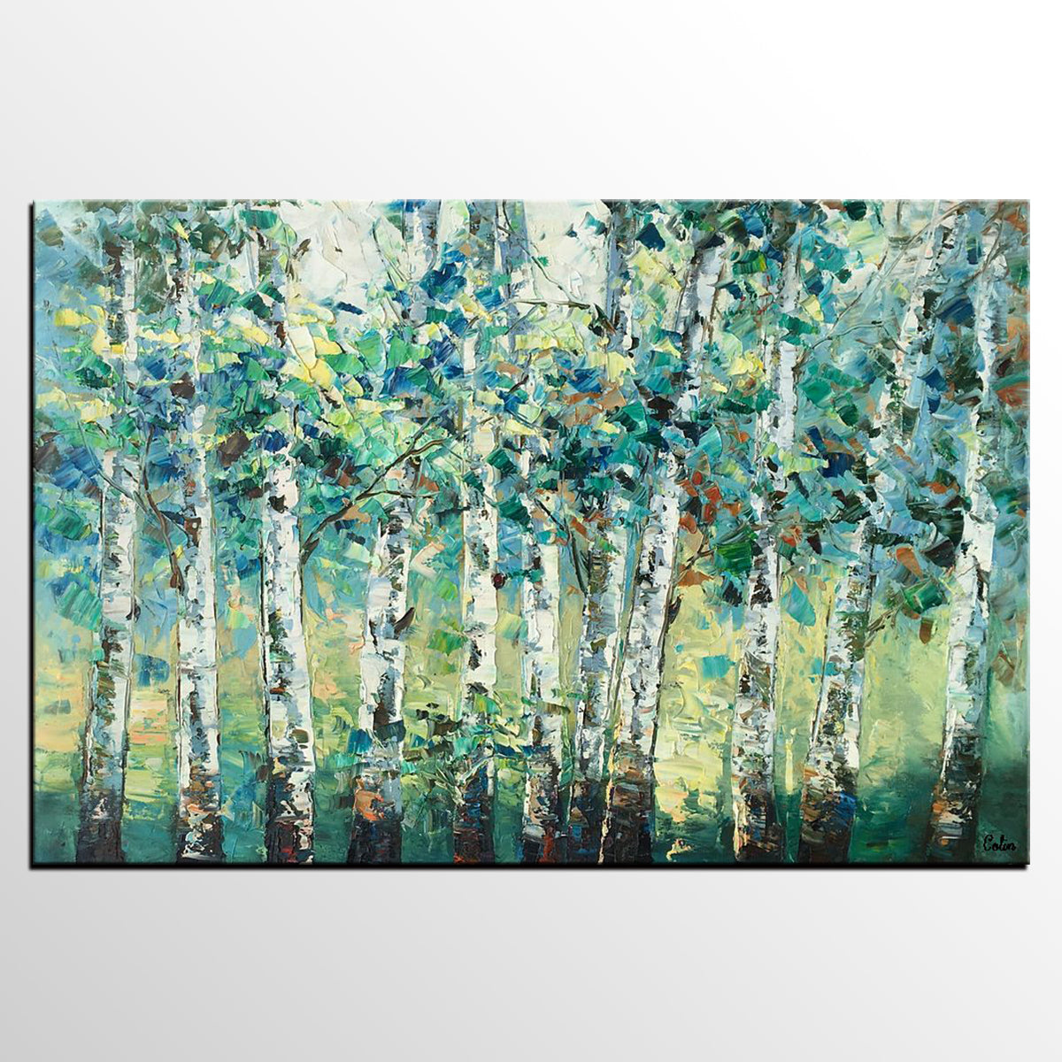 Heavy Texture Canvas Painting, Abstract Landscape Painting, Custom Canvas Painting, Autumn Birch Tree-artworkcanvas