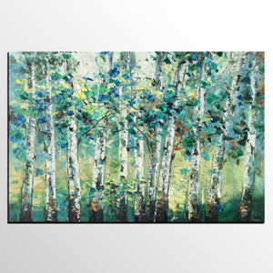 Heavy Texture Canvas Painting, Abstract Landscape Painting, Custom Canvas Painting, Autumn Birch Tree-artworkcanvas