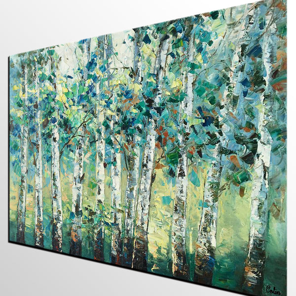 Heavy Texture Canvas Painting, Abstract Landscape Painting, Custom Canvas Painting, Autumn Birch Tree-artworkcanvas
