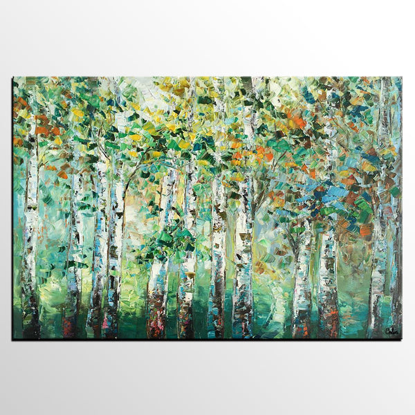 Heavy Texture Canvas Painting, Abstract Landscape Painting, Custom Canvas Painting, Autumn Birch Tree-artworkcanvas