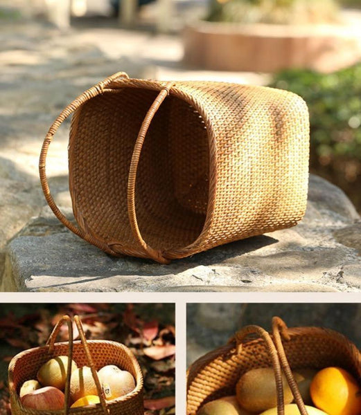 Woven Rattan Storage Basket with Handle, Storage Basket for Picnic, Fruit Storage Basket, Kitchen Storage Basekt-artworkcanvas