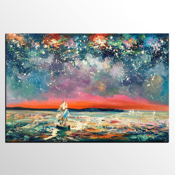 Landscape Canvas Painting, Sail Boat under Starry Night Sky, Canvas Painting for Sale, Custom Landscape Wall Art Paintings, Original Landscape Painting-artworkcanvas