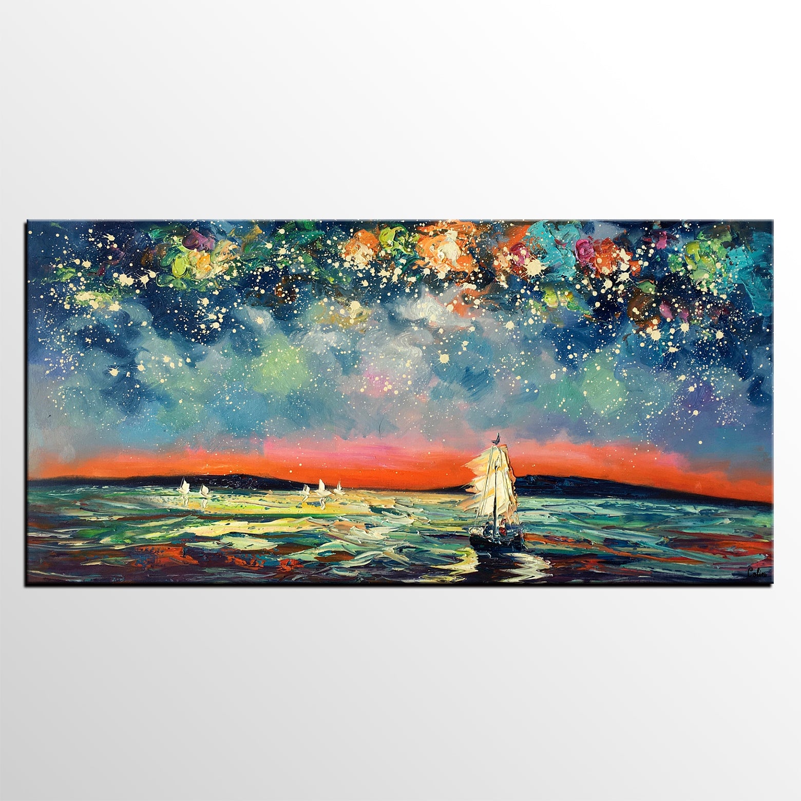 Sail Boat under Starry Night Sky Painting, Landscape Painting, Original Artwork, Custom Extra Large Canvas Painting-artworkcanvas
