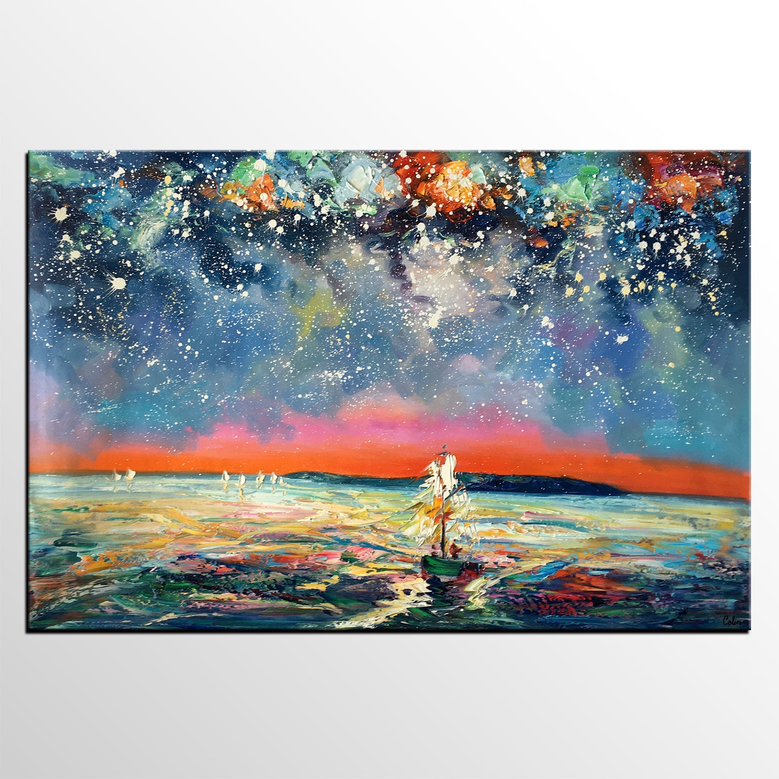 Canvas Painting, Abstract Art, Sail Boat under Starry Night Sky, Custom Landscape Wall Art, Original Painting-artworkcanvas