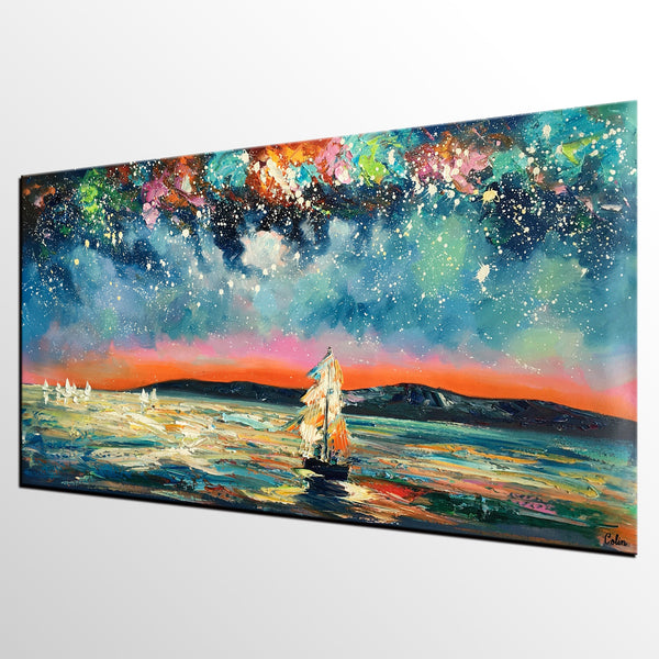 Landscape Wall Art Paintings, Starry Night Sky Painting, Original Canvas Painting, Custom Large Painting for Bedroom-artworkcanvas