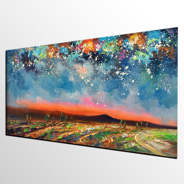 Starry Night Sky Painting, Custom Landscape Painting, Canvas Painting for Bedroom-artworkcanvas