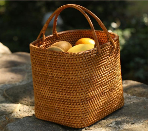 Woven Rattan Storage Basket with Handle, Storage Basket for Picnic, Fruit Storage Basket, Kitchen Storage Basekt-artworkcanvas