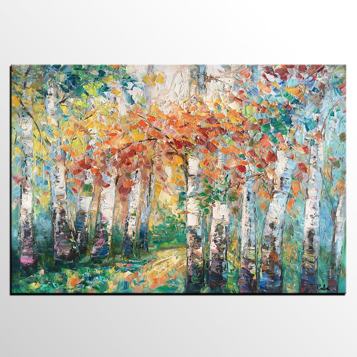 Autumn Birch Tree Painting, Heavy Texture Canvas Painting, Abstract Landscape Painting, Custom Canvas Painting for Dining Room-artworkcanvas