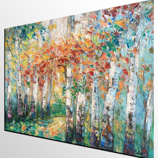 Autumn Birch Tree Painting, Heavy Texture Canvas Painting, Abstract Landscape Painting, Custom Canvas Painting for Dining Room-artworkcanvas