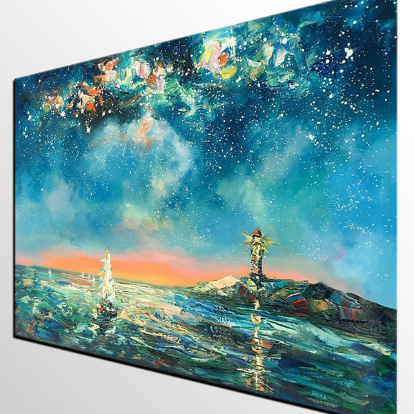 Canvas Painting, Abstract Art, Starry Night Light House Painting, Custom Landscape Wall Art, Original Painting-artworkcanvas