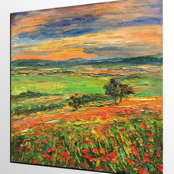 Landscape Painting on Canvas, Flower Field Painting, Heavy Texture Paintings, Custom Original Oil Painting, Living Room Wall Art Paintings-artworkcanvas