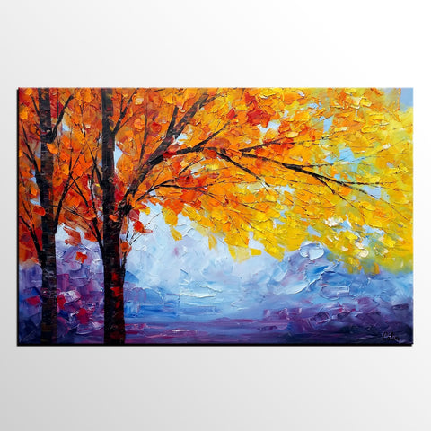 Autumn Tree Painting, Autumn Paintings, Original Landscape Oil Paintings, Custom Art, Canvas Painting for Living Room-artworkcanvas