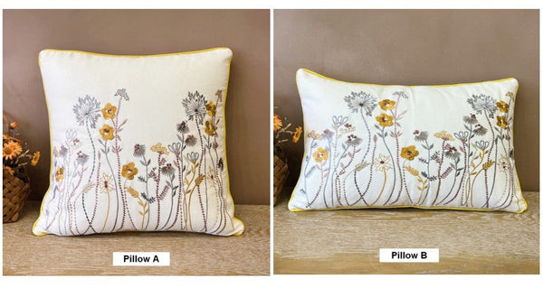 Simple Decorative Throw Pillows for Couch, Spring Flower Decorative Throw Pillows, Embroider Flower Cotton Pillow Covers, Farmhouse Sofa Decorative Pillows-artworkcanvas